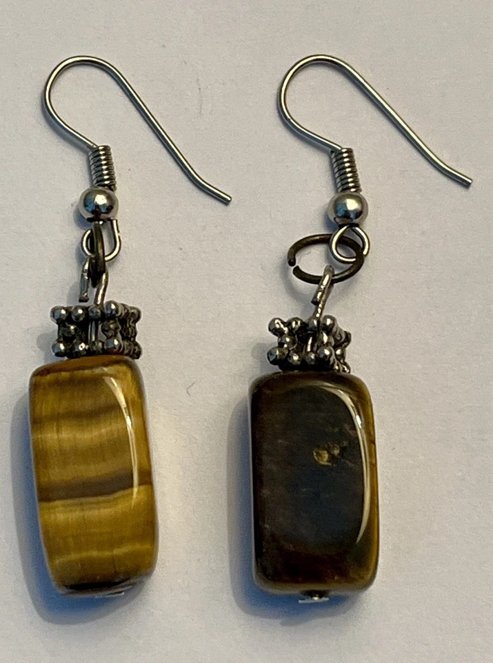 Tiger’s Eye Gemstone Rectangle Dangle Earrings – Silver Tone - Image 2 of 3