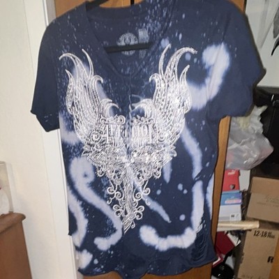Affliction Men's Short Sleeve T-Shirt M Regular Blue White V-Neck Lace-Up Logo