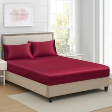 Full Size Burgundy Silk Satin Fitted Sheet Deep Pocket Elastic Bed Bottom