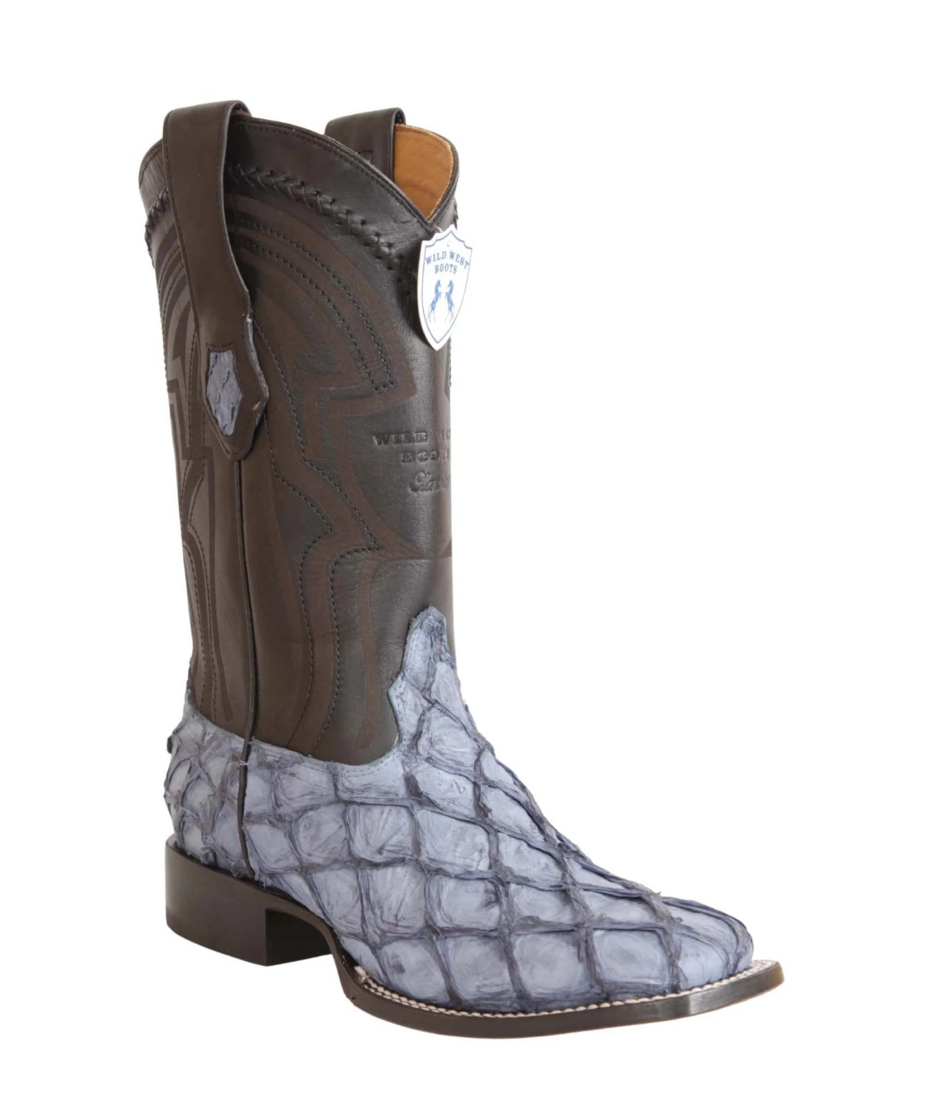 Wild West Men's Genuine Pirarucu Fish Wide Square Toe Cowboy Western Boots EE