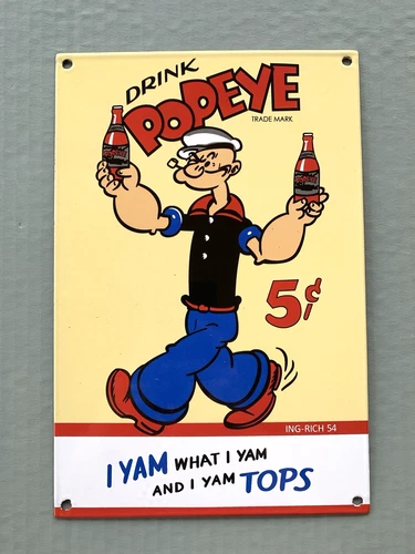VINTAGE POPEYE 5c CARTOON SAILOR MOTOR SODA POP GAS OIL DISNEY PORCELAIN SIGN