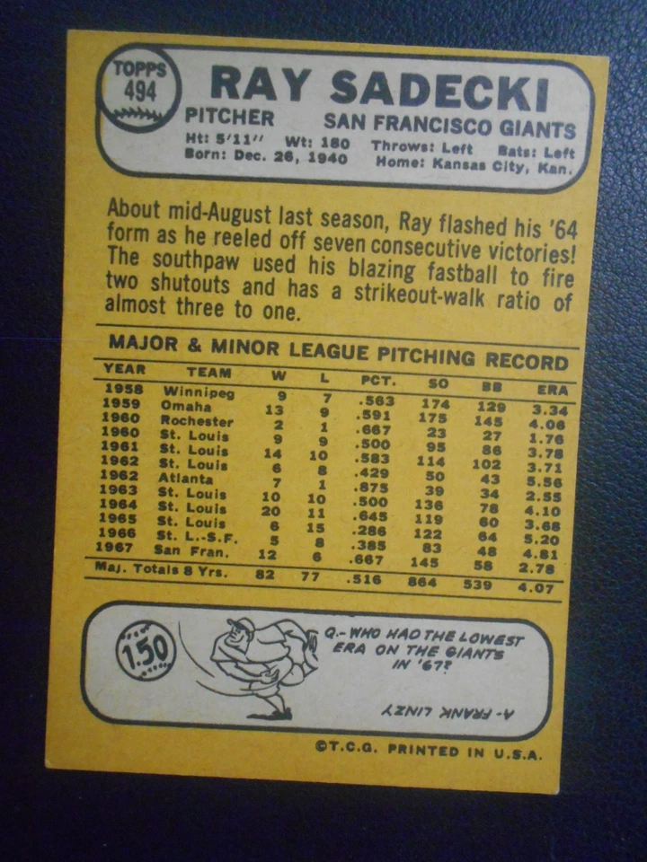 1968 Topps Set-Break #494 Ray Sadecki EX-EX+ swtwtrfan - Image 2 of 2
