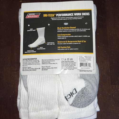 Dickies 5 Pair Extended Size Men's Dri-Tech Crew Work Socks White/Grey Size12-15 - Picture 5 of 7