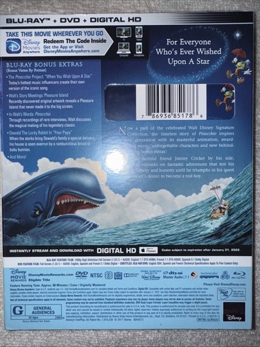 Disney Pinocchio Blu-Ray DVD 2017 Sealed Rated G - Picture 2 of 2