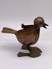 Vintage Retro Unique Brass / Copper Single Standing Bird Ashtray With Red Eyes