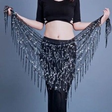 Women Belly Dance Hip Scarf Tribal Fringe Sequins Triangle Tassel Hip Scarves
