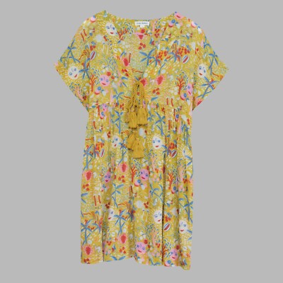 Rollhase senfgelb Print Baumwolle Tunika Cover-Up Top | XS | UK 6-10