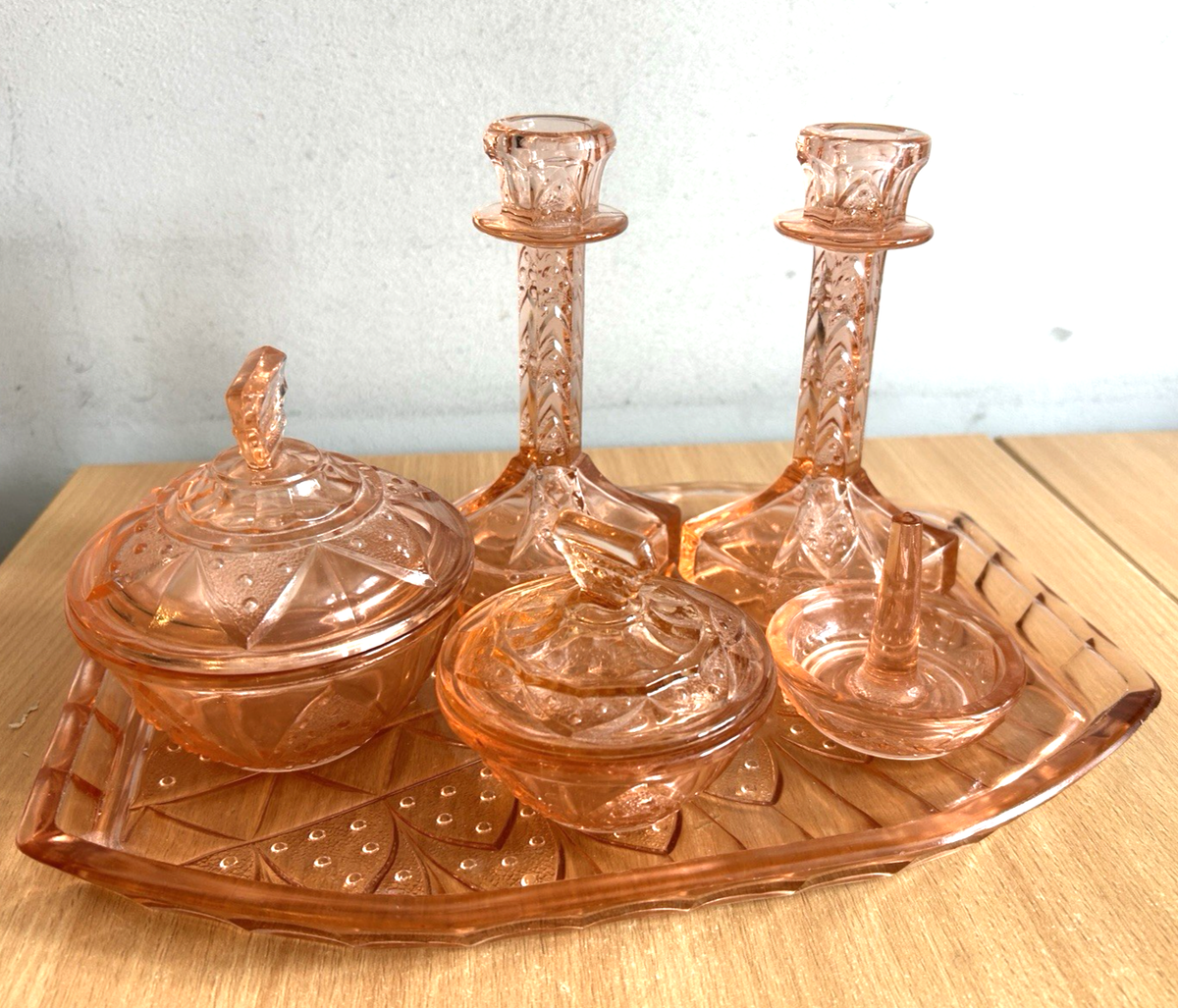 open lace back dress Pink Glass Vanity Set | Dressing Table | Retro Vintage Unique