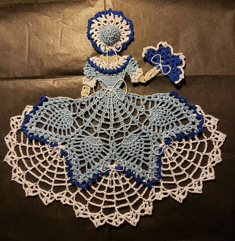 Crocheted Crinoline Lady Doily with Fan - Blue and White