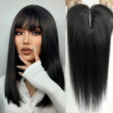 10x14cm Clip in Human Hair Topper with Bangs Silk Base HairPiece Straight 14inch