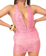 Sexy Lace Micro Mini Dress Sheer Plunge Halter Elastane Backless Clubwear Strech