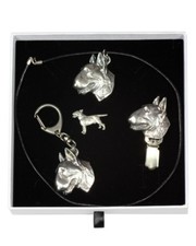 Bull Terrier - keyring,necklace,pin,clip, set with a dog, white box, Art Dog USA
