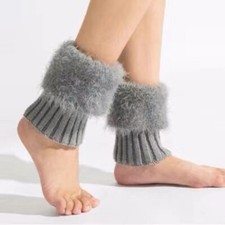 Women Faux Fur Short Leg Warmer Spliced Knit Soft Trim Boot Socks Ankle Toppers