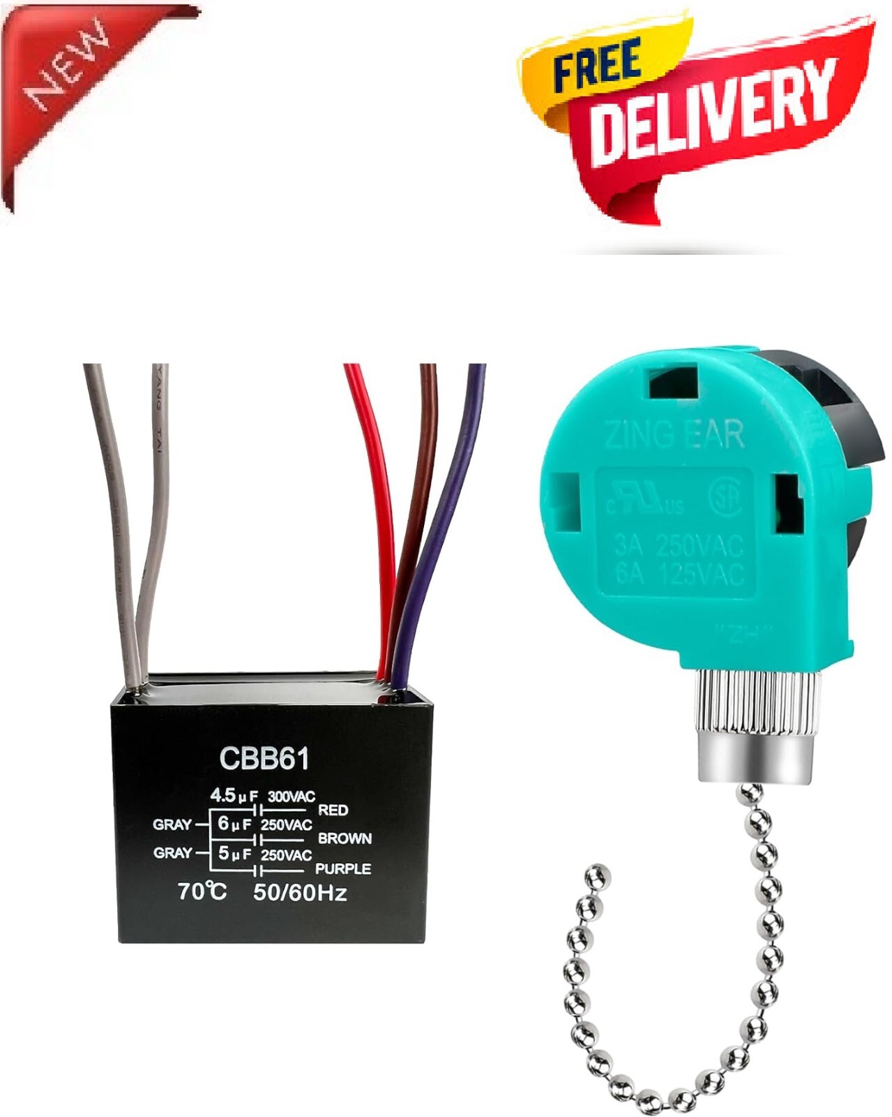 3-Speed Ceiling Fan Pull Chain Switch with 4.5uF CBB61 Capacitor 4-Wire-image