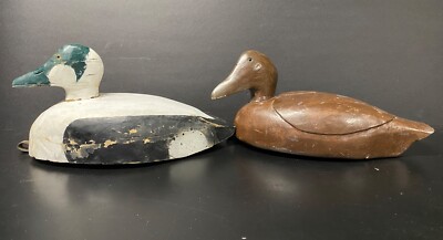Vintage Wood Eider Duck Decoy Pair, Glass Eyes, Lether Tie loops,  Swivel Heads
