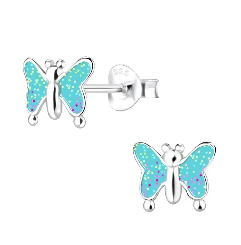 Girls 925 Sterling Silver Blue Glitter BUTTERFLY Stud Earrings Boxed UK Seller