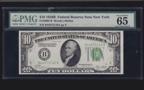 US 1928B $10 FRN New York DGS FR 2002-B PMG 65 EPQ GEM CU (142) - Picture 1 of 2