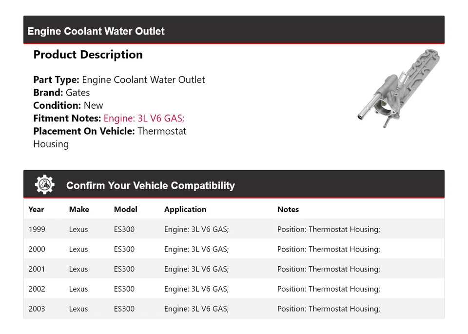 Para Lexus ES300 1999-2003 Motor Refrigerante Salida Agua Termostato Carcasa Puertas Foto 2 de 4