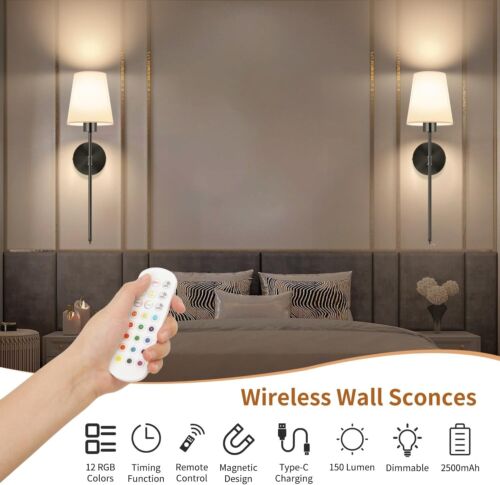 Battery Operated Wall Sconces Set of 2, Black Rechargeable Wall Lights 2500mAh - Picture 2 of 9