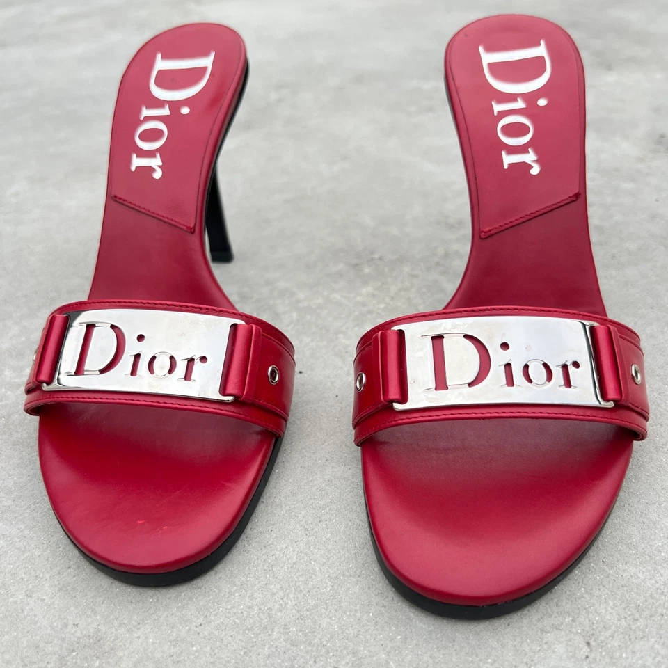 Dior | Unworn Authentic Vintage Red Mules Silver Hardware Logo Plate Rare (35) - Image 2 of 4