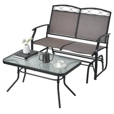 Patio 2pcs Loveseat Glider Glass Coffee Table Set Heavy-Duty Swing Rocking Chair