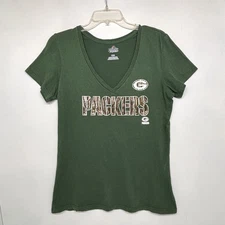Majestic Green Bay Packers Short Sleeve T-shirt V-Neck Green w/ Camo Women's Lg