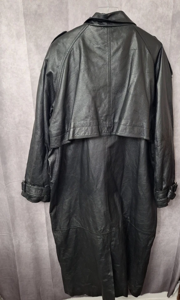VTG Mens Genuine Leather Trench Coat Large Black Double Breasted Full Length Y2K - Image 3 of 4