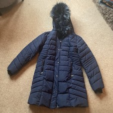 Centigrade QVC Navy Puffer Winter Coat With Hood And Fur Trim Size M VGC
