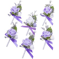 Purple Boutonniere for Men, 6 Pcs Groom Groomsmen Boutonnieres, Artificial Fl...