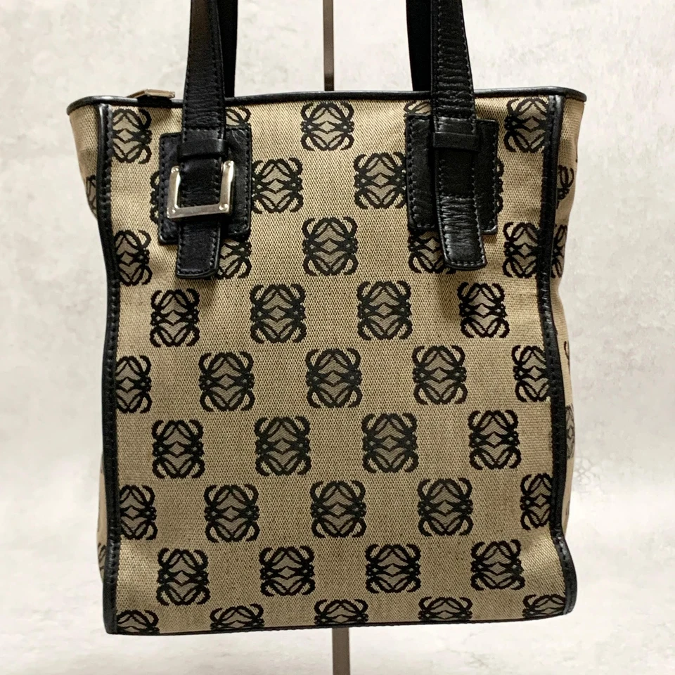 LOEWE Bolso Anagrama Bolso de Mano Cartera Lona Cuero Beige Negro Plata Auténtico Foto 3 de 4