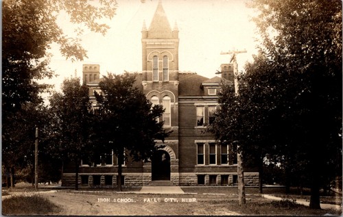 Real Photo Postcard High School in Falls City, Nebraska - used in 1910