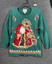VTG Heirloom Collectibles Sweater Size L Green Santa Tree Holiday Festive 