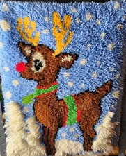 Vtg Latch Hook Christmas Rudolph Red Nose Reindeer Hanging Rug Completed 27"x20"