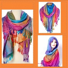 NEW Multi Colored Fringed Women's Paisley 100 Polyester Pashmina Long Scarf