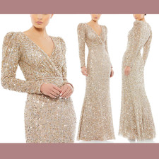 NWT Mac Duggal [ 8 ] 5510 V Neck Puff Shoulder Sequined Surplice Gown Gold S1120