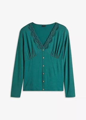 Neu Langarmshirt mit Spitze Gr. 40/42 Salbeigrün Damen Shirt Oberteil