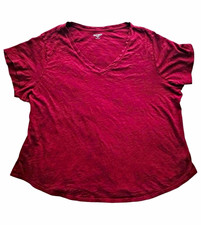 Women's M Burgundy Solid Knit V-Neck Short Sleeve Basic T-Shirt .