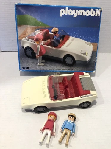 Vintage Playmobil #3758 White Red Sports Car w PopOut Headlights w Box