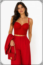 Red half corset bustier bra crop top cami hand decorated with sequins and beads