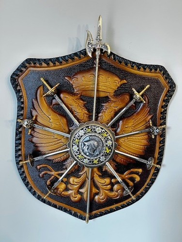 Vintage Toledo Spain Carved Leather Shield w/ Metal Swords – c.1960s