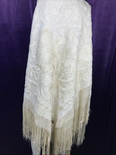 61 X 65 Antique Canton Shawl Beige 1880s Chinese Export Piano Floral