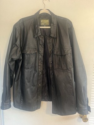 Hudson Leather Vintage Black Leather Jacket Men's 3XL Snap Front Goth Biker Coat