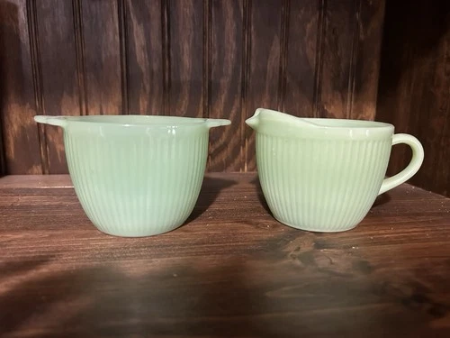 Jadeite Fire King Oven Ware #7 Creamer & #16 Sugar Bowl Vintage Anchor Hocking