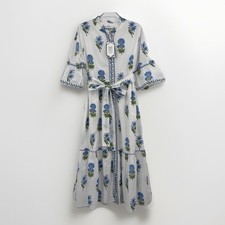 Pink City Prints Cobalt Lilly Panama Dress Size XL Belted Cotton Maxi Shirt NWT