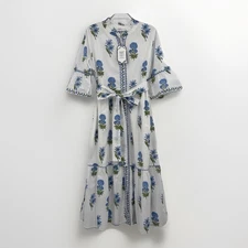 Pink City Prints Cobalt Lilly Panama Dress Size L Large Belted Cotton Maxi Shirt