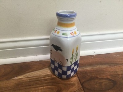 Ceramic Pig and Crow 1 Quart Milk Bottle Farm Country Cottage Corn Blue Checks