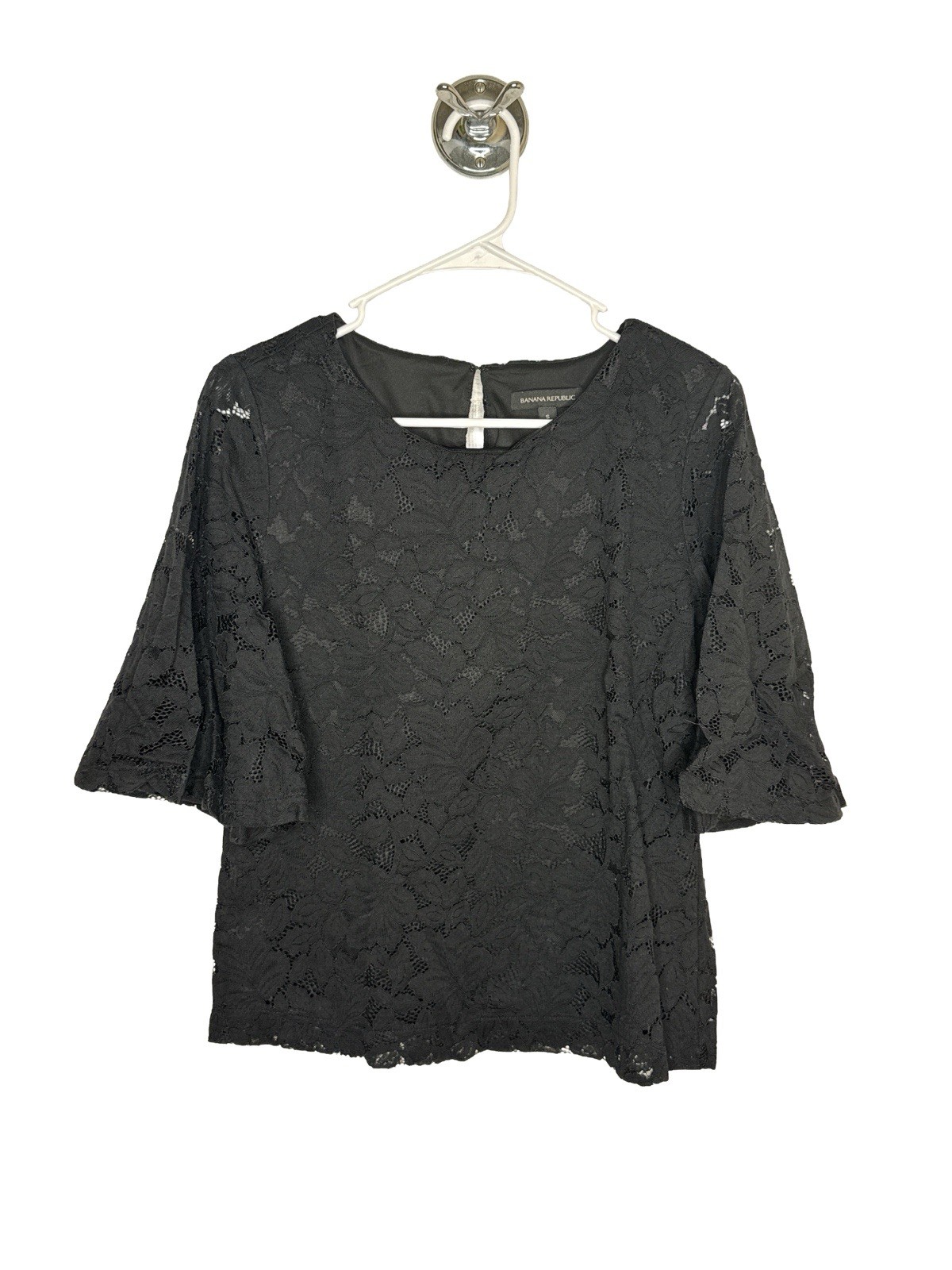 Banana Republic Women's Whimsigoth Black Lace Floral Blouse 3/4 Flared Sleeve S