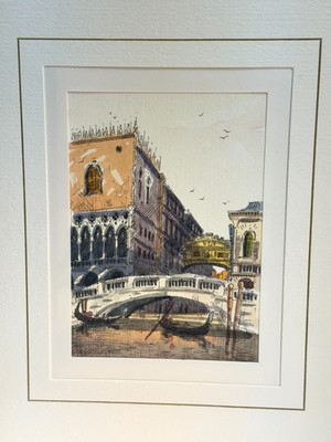 ITALIAN SMALL VENICE ITALY INK & WATERCOLOR PAINTING WITH GONDOLAS 8'' X 10'' MAT