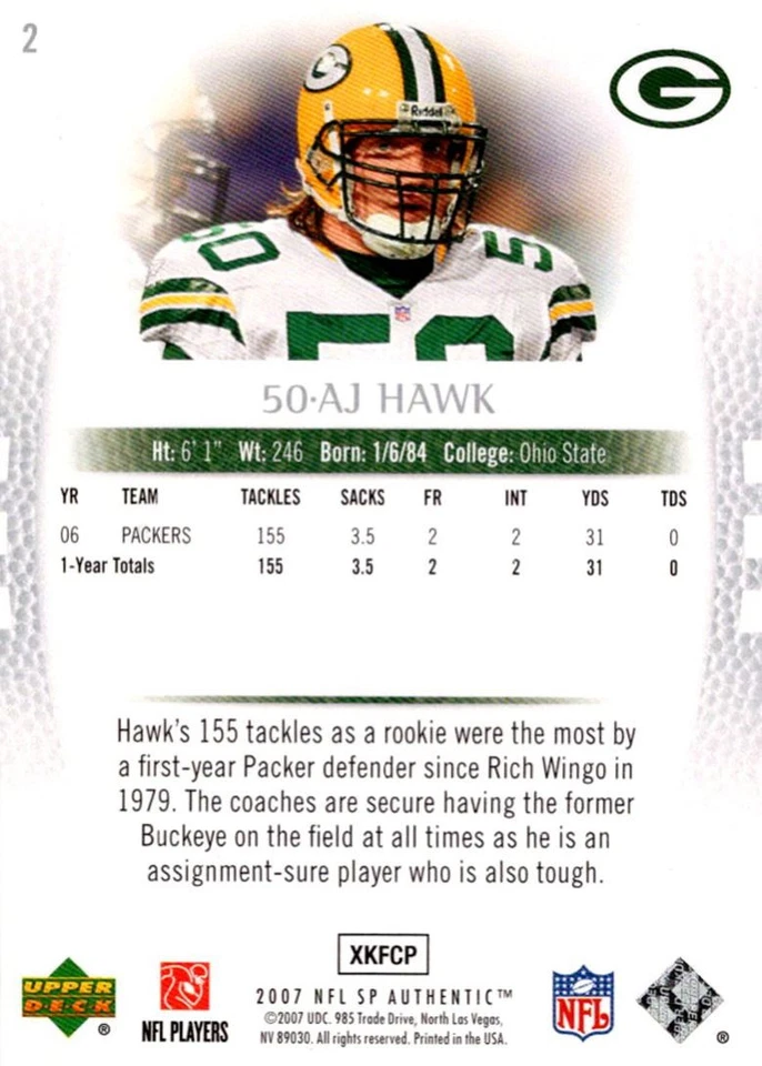 2007 SP Authentic A.J. Hawk Green Bay Packers #2 - Image 2 of 2