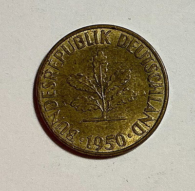 1950-G Germany 5 Pfennig   Circulated   KM# 107  Brass-Clad Steel Karlsruhe Mint